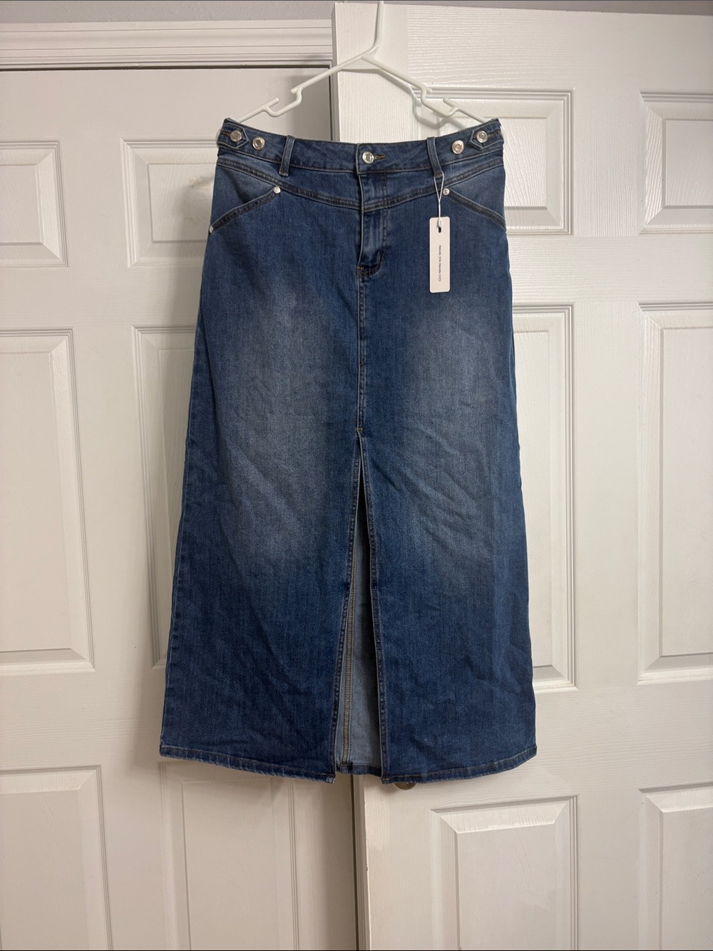 Dark Blue Denim Maxi Skirt with Center Front Slit